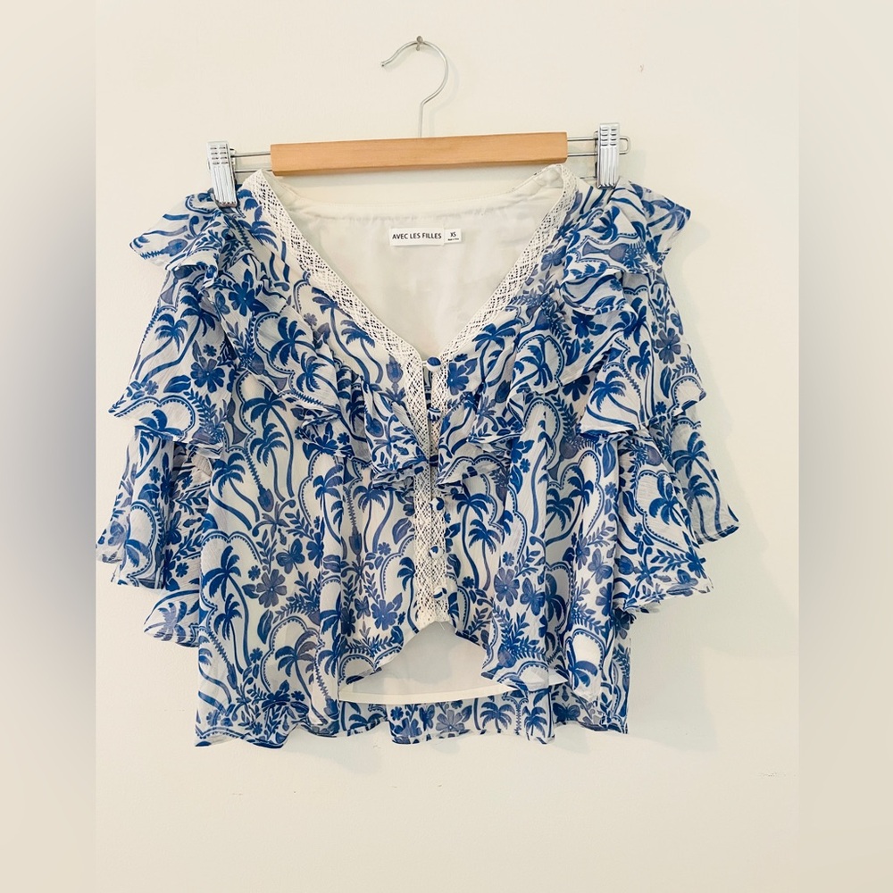 Anthropologie Blue and White Ruffled Floral Button-Front Blouse